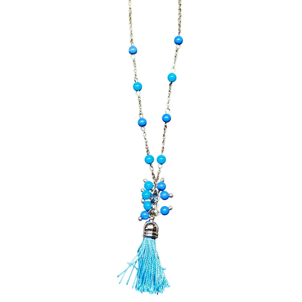 Vintage Turquoise Beaded Chain Necklace with Tassel Pendant‎ Silver Tone 18 in